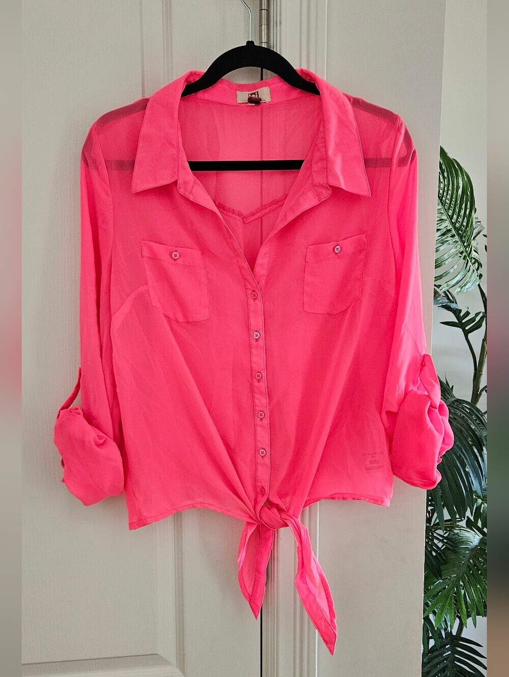 lei Bright Pink Tie-Front Button Down Shirt